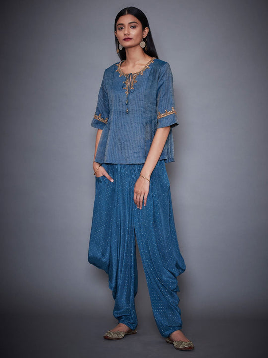 Admiral blue front short back long kurti with a fancy dhoti pant only on  Kalki